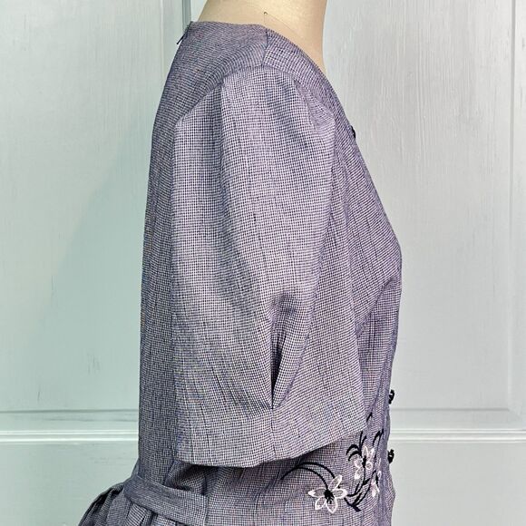 MISS DORBY Vintage Dress Waistcoat Embroidered Back Tie Navy White Check Sz 18 - Picture 3 of 10